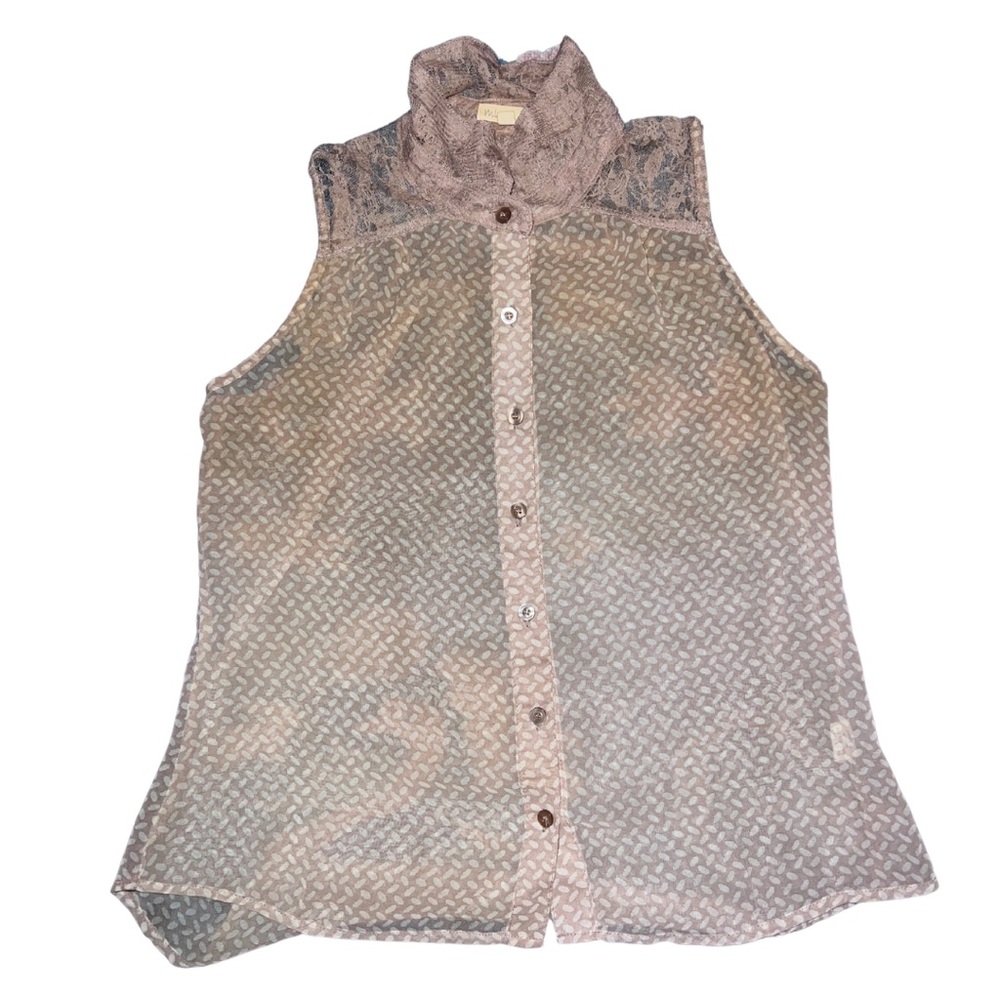 Sleeveless Blouse Sheer Button Up Lace Collar